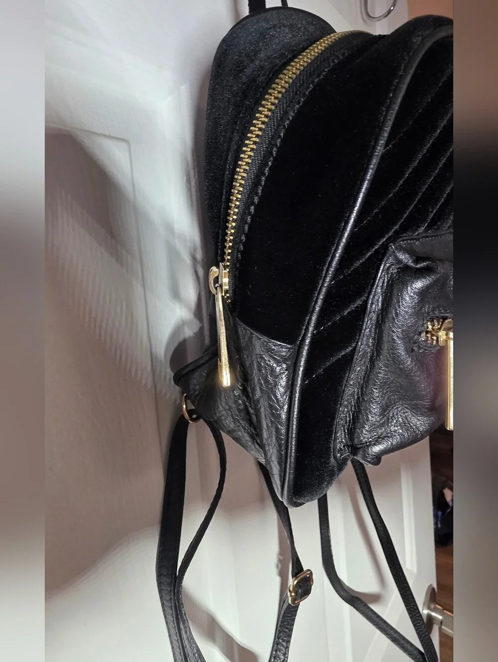 Designer Genuine Leather & Black Velvet Small Backpack